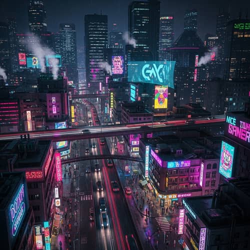 Glowing Neon Cityscape - Cyberpunk Urban Scene