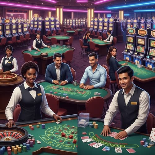 Diverse Casino Scenes with Blackjack, Poker & Slot Games