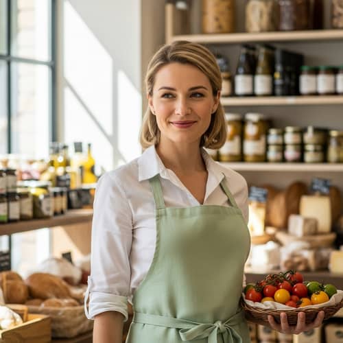 European Female Salesperson with Blonde Hair in Stylish Green Apron