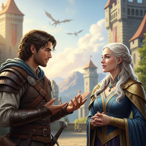Medieval Military Leader and Regal Woman in Fantastical Scene