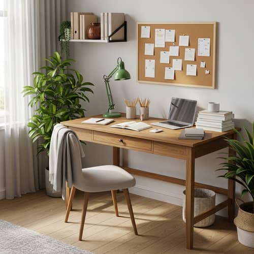 Wooden Studying Desk with Laptop, Books, and Stationery