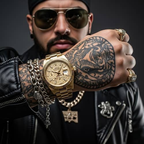 Luxurious Gold-Toned Rolex Watch on Rebellious Figure