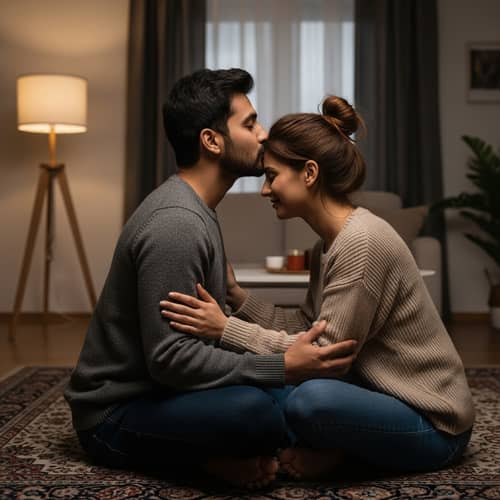 Loving South Asian Couple: Husband Kissing Wife