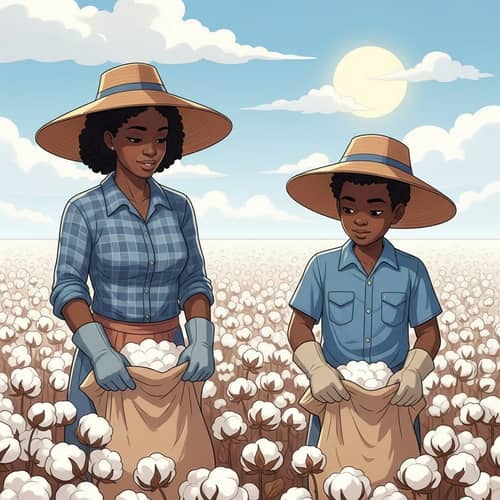 Young Black Mother & Son Picking Cotton Field | Empowering Image