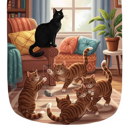 Playful Scene of Black and Brown Cats in a Cozy Living Room