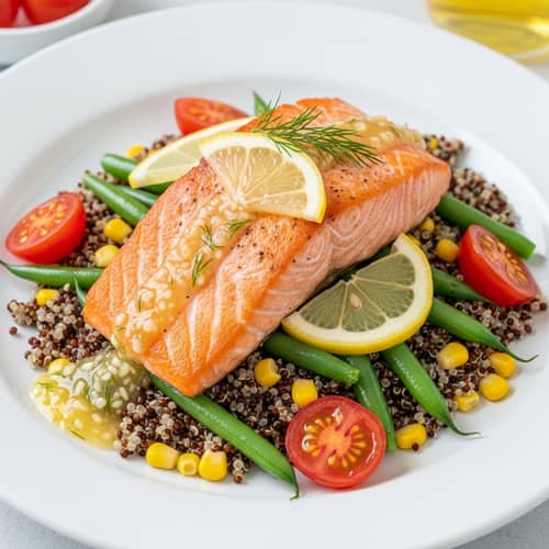 Vibrant Salmon with Steamed Quinoa and Fresh Vegetables