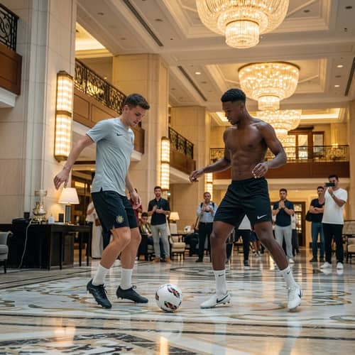 Luxurious Hotel Soccer Match: Skilled Players Showcase Mastery