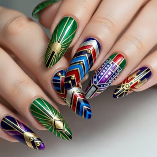 Art Deco Inspired Nail Art Design | Vibrant Colors & Geometric Patterns