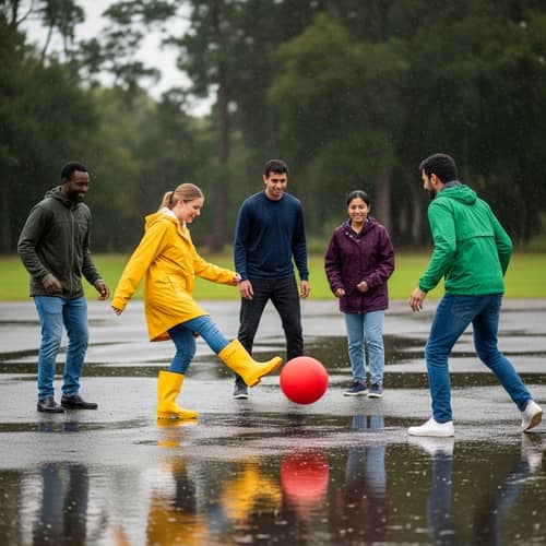 Lively Kickball Game in the Rain - Multicultural Players