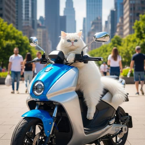 White Fluffy Persian Cat Enjoying an Eco-Friendly Ride in a Modern Electric Vehicle