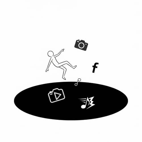 Surreal Stick Man Falling Artwork with Instagram, Facebook, and TikTok Logos