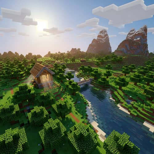 Minecraft Scene: Pixelated Landscape with Wooden House and River