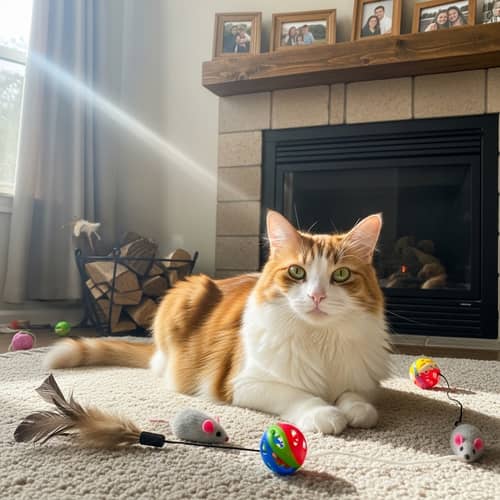 Fluffy Domestic Cat Enjoying Lazy Afternoon in Sun-Soaked Living Room