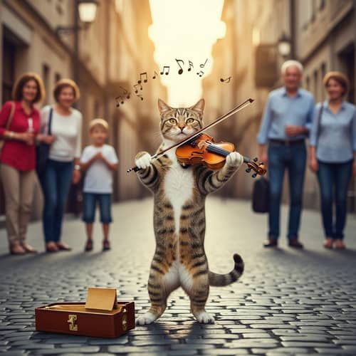 Charming Cat Plays Violin on Cobblestone Street