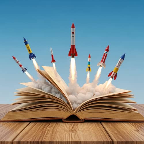 Open Book Rockets: Surreal Scene Emerges