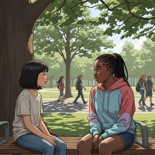Multicultural Girls Deep in Conversation on Park Bench