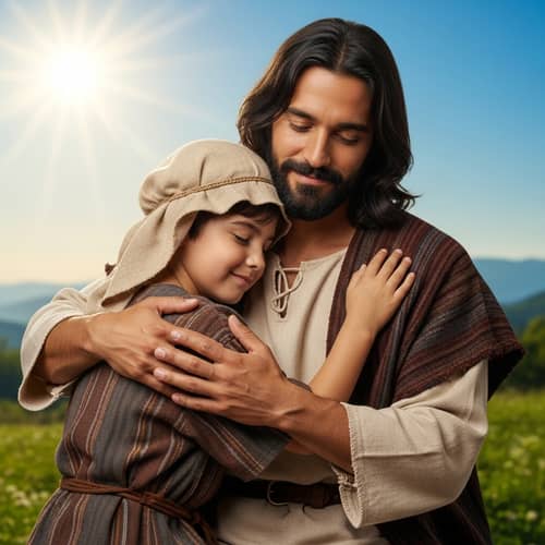 1st Century Middle-Eastern Male Embracing Young Hispanic Child