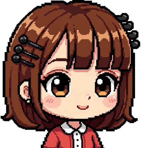 Chibi-Style Pixel Art Girl with Brown Hair & Black Hair Pins