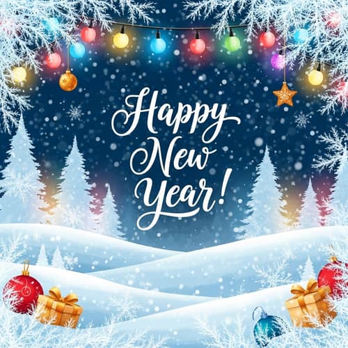 Festive New Year GIF with Snowy Landscape & Cheerful Calligraphy