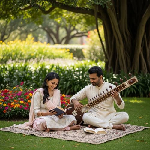 Indian Couples Relaxing in a Serene Garden