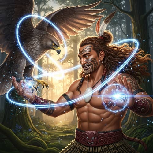 Maori Warrior Maui in New Zealand Forest at Sunrise
