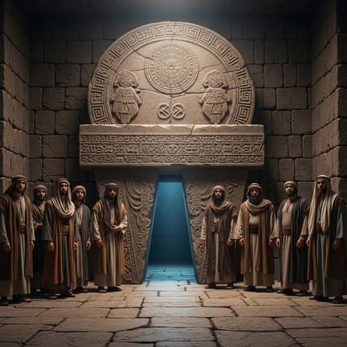 Desciples in Awe at Ancient Tomb - Biblical Scene