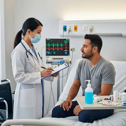 Female Doctor Examining Hispanic Patient in Hospital Room