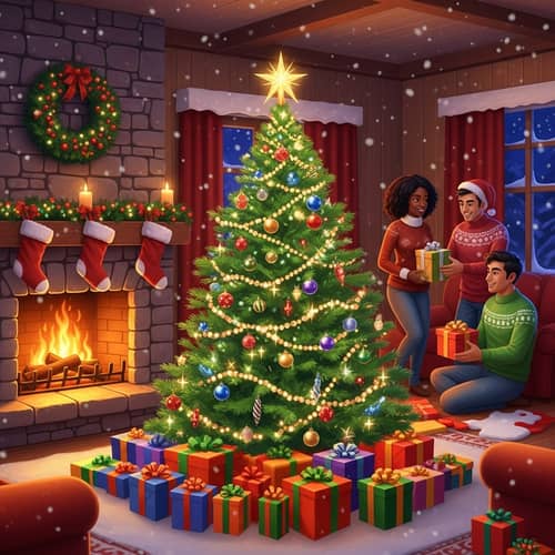 Festive Christmas Scene with Adorned Tree & Fireplace
