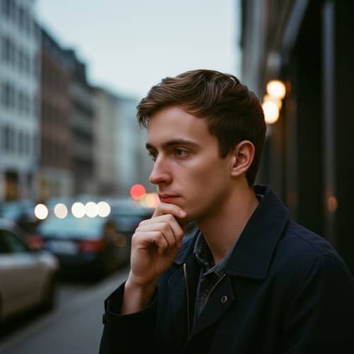 Urban Photography: Young Man Lost in Thought | 90's Film Grain