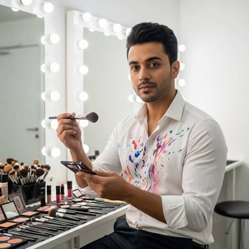 Dedicated South Asian Male Makeup Artist in Modern Studio