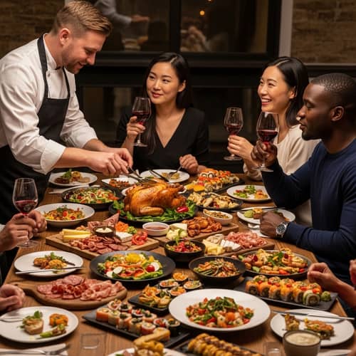 Gourmet Feast with Diverse Group of People Around Long Table