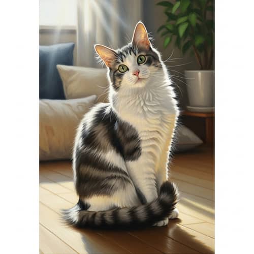 White and Grey Domestic Medium-Haired Cat Oil Painting