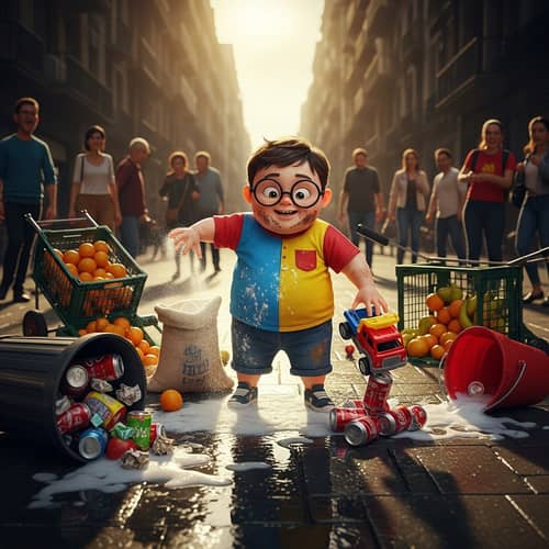 Chubby Boy with Glasses Causing Street Mess