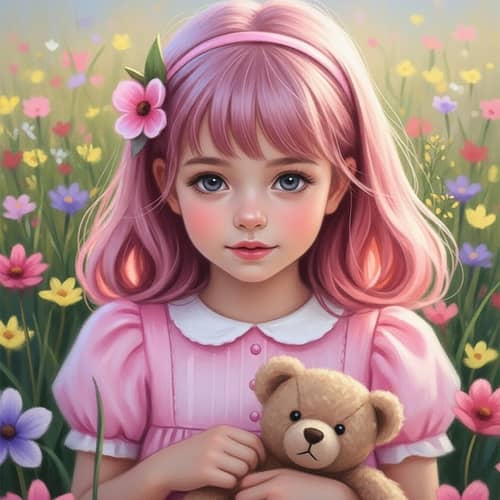 Young Girl in Soft Pastel Painting with Pink Hair & Teddy Bear