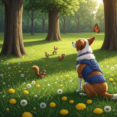 Tranquil Scene of a Dog in Sunlit Park Watching Squirrels