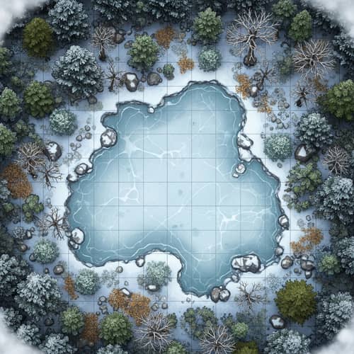 Winter-themed D&D Tabletop Game Map with Frozen Pond and Dense Forest