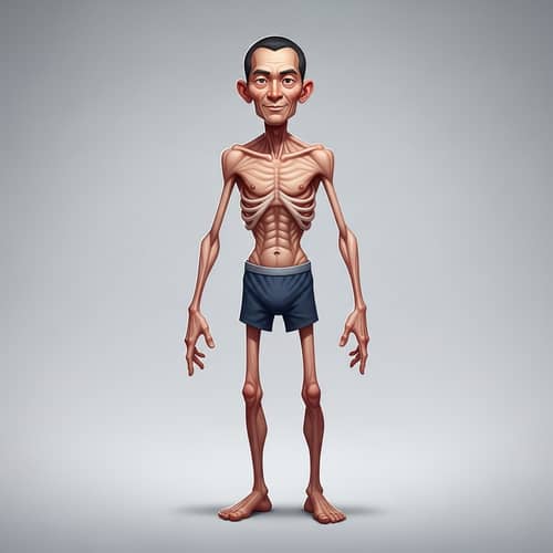 Cartoon of Emaciated East Asian Man | Powerful Frailty Depicted
