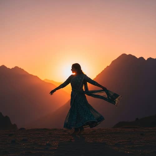 South Asian Girl Dancing at Sunset Amidst Mountains