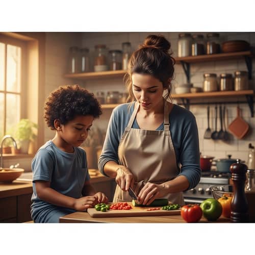 Caucasian Mother and Hispanic Son Cooking Together | Rustic Kitchen Scene