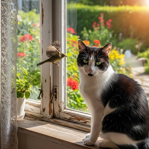 Domestic Short-Haired Cat with Green Eyes on Sunny Windowsill