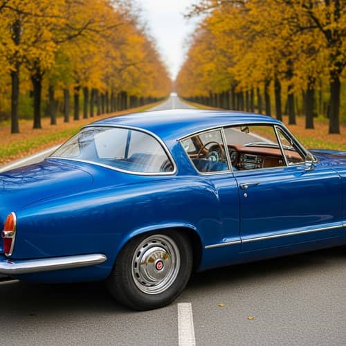 Vintage Cobalt Blue Classic Car on Autumn Road