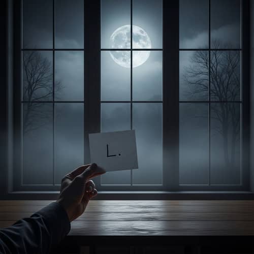 Dark Moonlit Scene with 'L' on Paper - Eerie Artwork
