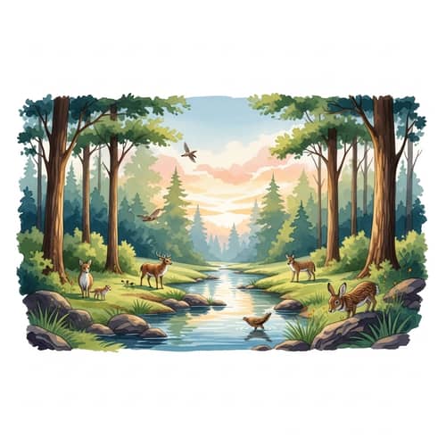 Tranquil Watercolor Scene: Serene Forest & Wildlife Harmony