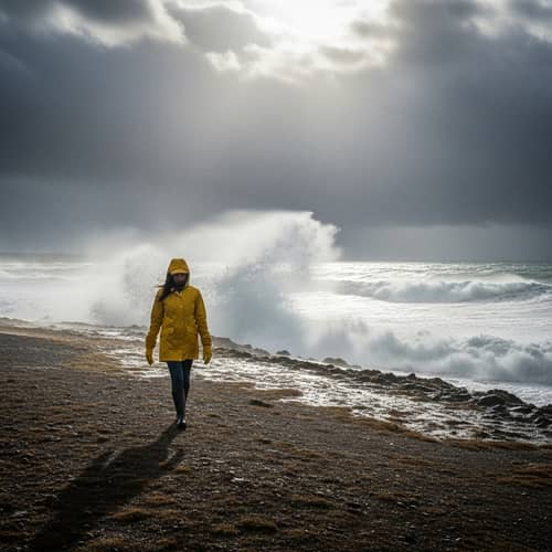 Solitary Hispanic Woman Walking Near Turbulent Sea in Stormy Weather