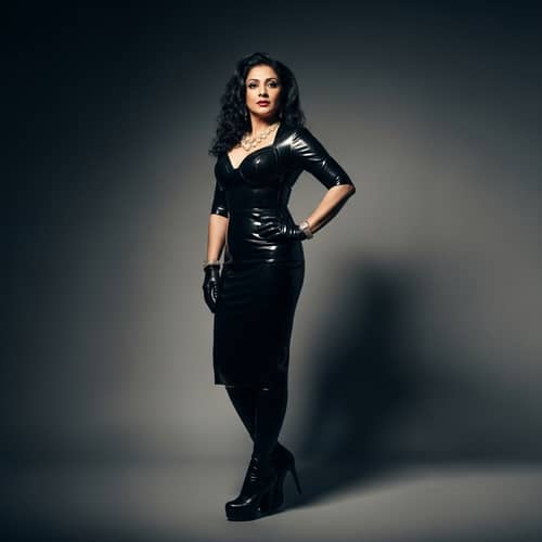 Elegant South Asian Woman in Form-Fitting Latex Dress | Confident Studio Portrait