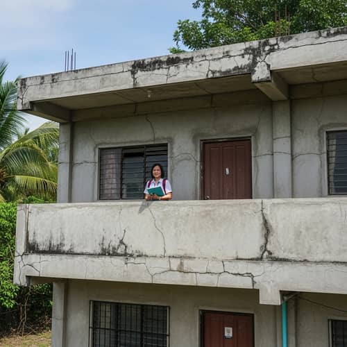 Asian Woman Teacher at Unpainted Building in Philippines