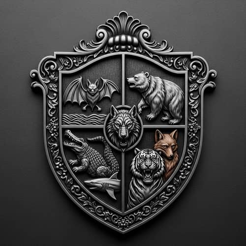 Intricate Iron Family Crest Shield with Animal Symbols
