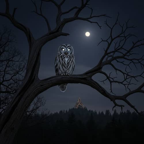 Mysterious Owl Perched on Weather-Worn Tree: Nighttime Encounter