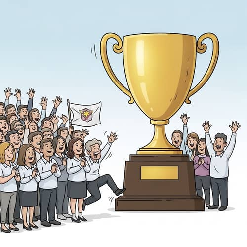 Diverse Crowd Cheering at Oversized Trophy | Editorial Cartoon Drawing
