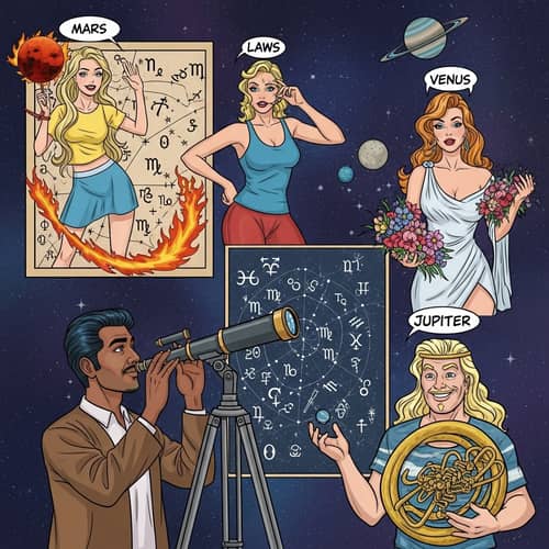 Comic Style Astrology Transits: South Asian Astrologer and Celestial Planets